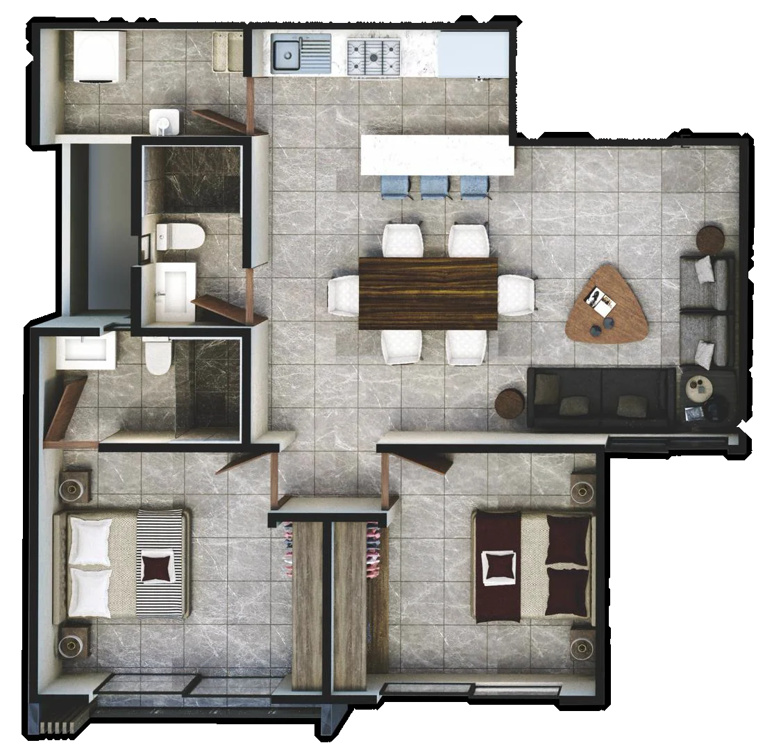 Plano del departamento Nogal 1 de 74.68 m² con 2 recámaras, 2 baños, cocina abierta y área de lavado en Villas del Refugio Nogales, Querétaro